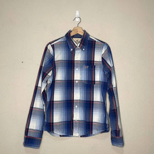 Hollister Youth Shirt Boys Medium Blue Red Plaid Button Down Pocket Cotton